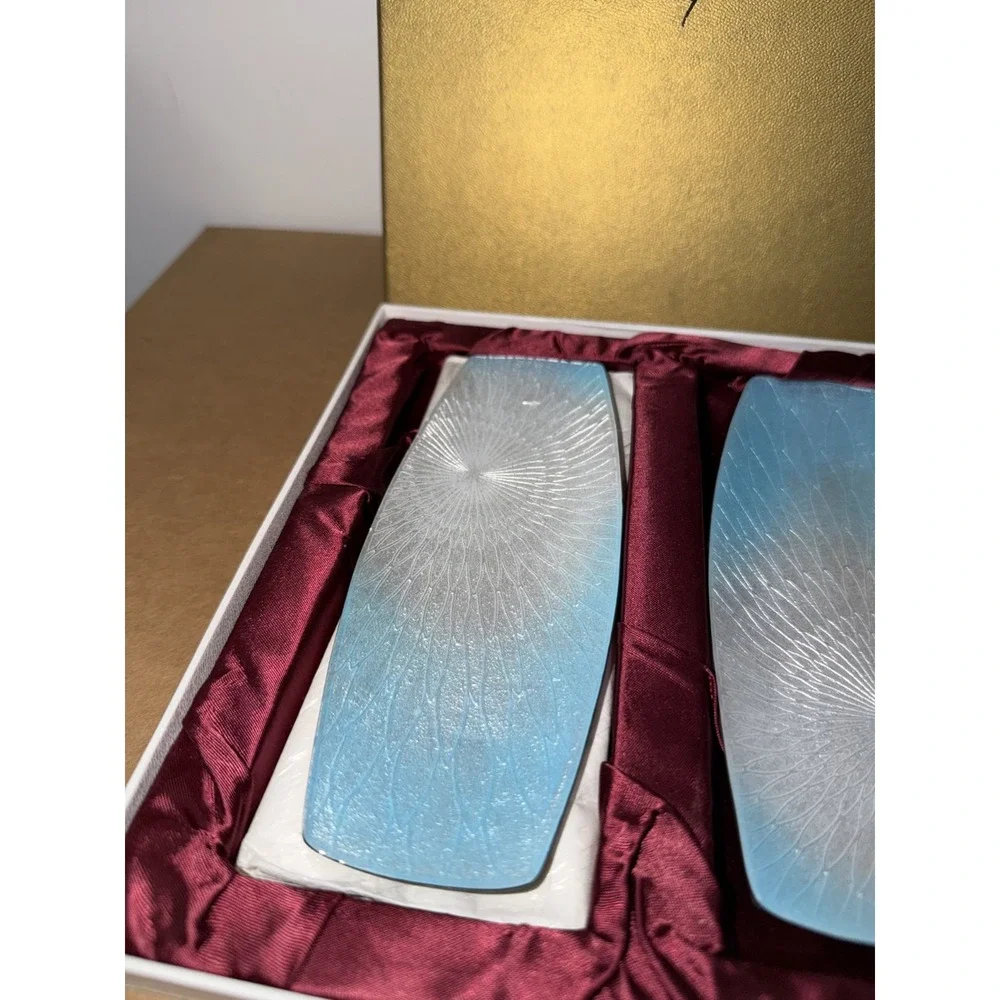 Japanese Handmade Enamel Oshibori‎ Towel Tray Set 3 Blue White Gradient 7in